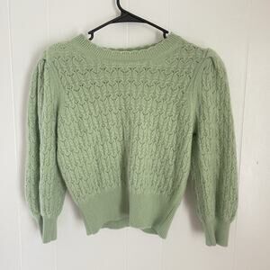 Alice + Olivia Cashmere Puff Sleeve Pointelle Cropped Sweater L Green Cottage